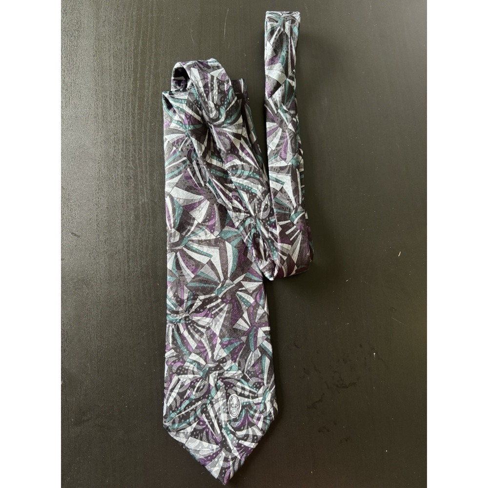 Christian Dior Monsieur Tie Necktie Men's Geometric 90s USA Gray/Teal/Purple Rad